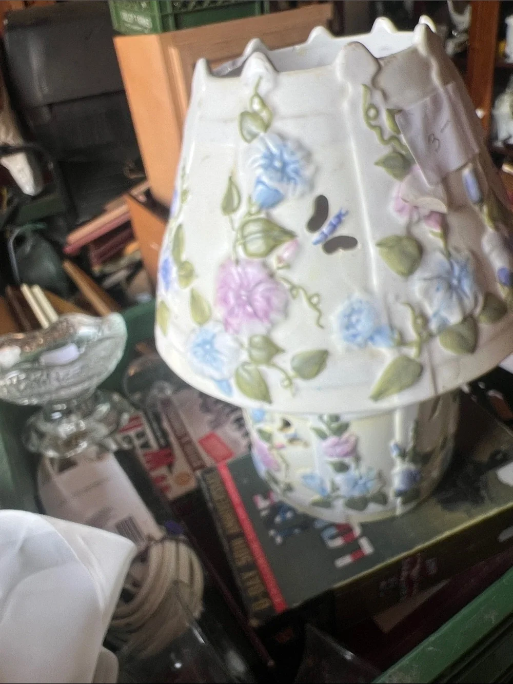 Floral Ceramic Table Lamp in White with Pastel Flowers